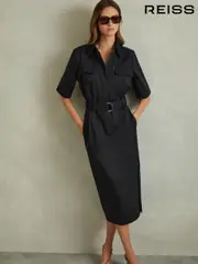 Reiss Black Aimie Cotton Blend Utility Belted Midi Dress (B52745) | $395