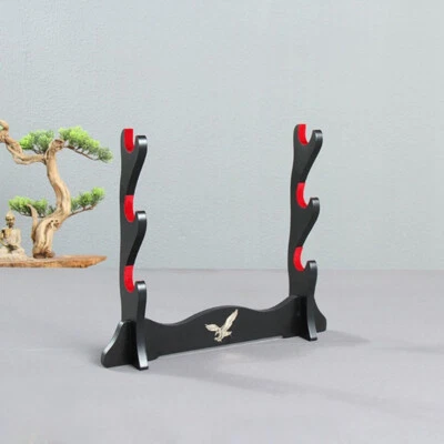 Black Samurai Sword Holder Stand Katana Tanto Rack Eagle Pattern Velvet 3 Tier