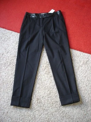 NWT $290 Milly Dress Wool Blend Black Crop Pants Cuffed Lamb Leather Trim 2 NEW