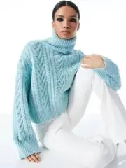 NWT Alice + Olivia Nance Wool Cable Knit Turtleneck Crop Sweater Pullover S