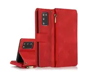 For Samsung Galaxy Note 20 Case, Leather Zipper Purse Flip Cover Case with Card Slot Holder Wrist Strap Lanyard (Red)