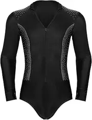 [TiaoBug] Men's Sparkling Rhinestones Dance Shirt Long Sleeve Leotards Salsa Rumba Latin Dance Bodysuit