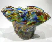 HAND BLOWN GLASS ART BOWL/VASE, RAINBOW, GOLD SPARKLES, INCALMO, DIRWOOD, n3775