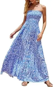 [pasidvy] Women's Casual Off Shoulder Maxi Dress Strapless Tube Top Bohemian Beach Long Dresses 092