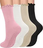 [Jklmnops] Pilates Socks with Grips for Women Non Slip Grip Crew Socks with Ruffle for Yoga, Barre, Ballet, Barefoot Workout 4PCS(Black+Beige+Pink+White)