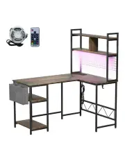 [Levede] L Shaped LED Lights Built-in Power Gaming Corner Desk in Brown
