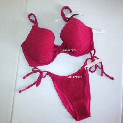 Victorias Secret Swim 38DDD-L or XL Shimmer Pink Icon Push Up Top Bikini Set nwt