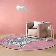 Round Washable Living Room Rug Soft Throw Indoor Rug for Office Bathroom Dining Room Playroom Short Pile Carpet Vintage Leopard Print Carpet Pink/White, ø 130 cm