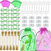 AFZMON 72Pcs Witch Party Favors Princess Crown Wizard Witch Broom Mini Star Wands Green Glasses Pink and Green Goodie Bags Set, Witch Birthday Party Decorations Supplies for Kids Halloween