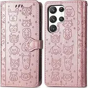 MEUPZZK Samsung Galaxy S23 Ultra Case, Samsung S23 Ultra 5G Wallet Case, Cute Cat and Dog Premium PU Leather [Kickstand][Card Slots][Wrist Strap][6.8 inch] Phone Cover for Samsung S23 Ultra (C-Rose)