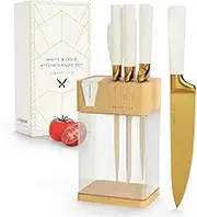 CHROME CLUB Stainless Steel White and Gold Knife Set with Block - 7 Piece Gold Kitchen Knife Set with Durable Clear Knife Block and Sharpener - Vibrant White Knife Set with Scissors and Cleaning Wipe