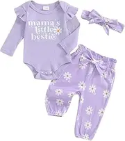 [Arvbitana] Infant Baby Girl Long Sleeve Mama's Little Bestie Letter Print Ribbed Romper Elastic Daisy Pants Headband Outfits