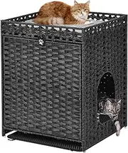Cat Litter Box Enclosure with Soft Litter Mat; Hidden Cat Washroom Furniture with Door; Handwoven Rattan Cat House; Pet Crate for Living Room, Bedroom, Balcony (Black)
