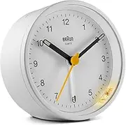 Braun Classic Analogue Clock with Snooze and Light, Quiet Quartz Movement, Crescendo Beep Alarm in White, Model BC12W, One Size