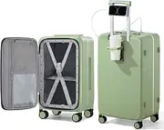 [Hanke] Carry On Luggage 22x14x9 Airline Approved Spinner Wheels, Top Open Hard Shell Suitcases with Cup Phone Holder and Charger 20 Inch Travel Luggage, Bamboo Green, Checked-Medium 24-Inch