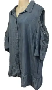 Brand New With Tags Blue Denim Long Top With Blue Embroidery / Sparkles Size22