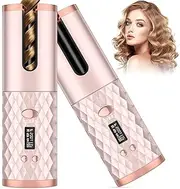Automatic Hair Curler, Cordless Hair Curler LCD Display and Timer, Portable Wireless Curling Iron, USB Rechargeable Curling Wand, Fast Heating and Auto Shut Off (Pink)