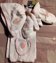 Girls 3-piece Fleece Set White With Pastel Sequin Heart Hat Scarf Mittens OSFM