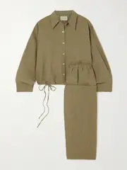 [Deiji Studios] Deiji Studios - Tie-detailed Checked Linen Pajama Set - Brown - large large Brown