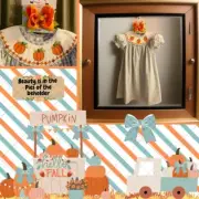 Girls NWT Three Sisters Smocked Dress Pumpkins Fall Thanksgiving Free Bow 4T