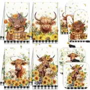 8 Pcs Highland Cattle Kitchen Towels Pot Holders and Yellow, Black, White