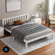 Double Bed Frame Wooden Bed Base with Timber Slats, Solid Pine Wood Mattress Bas
