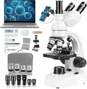 Compound Trinocular Microscope, 40X-5000X Laboratory Professional LED Microscope for Adults with WF10X and WF25X Eyepieces, Mechanical Stage, 30PCS Microscope Sildes (Electronic Devices Compatible)