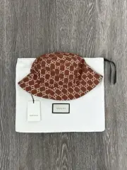 GUCCI Rust Pale Gold GG Supreme Logo Lame Wool Blend Bucket Hat Fedora L