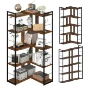 5 Tier L Shaped Bookshelf Wood Bookcase with 2 Hooks Modern Corner Bookshelf
