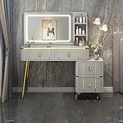 LGYWPA Dressing Table, Makeup Desk with 3 Color Adjustable Brightness LED Lights, Vanity Desk with 4 Large Drawers and 3 Shelves Storage, Bathroom Modern Makeup Vanity Set, 100x40x125cm