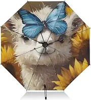 [PDZRMY] Alpaca Butterfly Sunflower UV Protection Travel Umbrella Compact for Rain and Sun - Auto Open and Close UPF 50+ Windproof Portable 46” Sun Umbrella for Women and Men