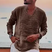 Men's Linen Shirt Summer Shirt Beach Wear Casual Shirt Plain Vacation Curise White Blue Brown Khaki Long Sleeve V Neck Spring Summer Clothing Apparel
