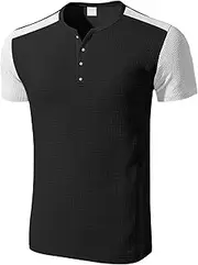 [Zylphorix] Men Waffle Color Matching T-Shirt Oversized Quarter Button Henry Shirt Summer Classic Comfortable Polo Shirt, Black, Large