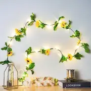 YELLOW GREEN 8 ft LED Sunflowers Leaves GARLAND Battery Operated Fairy Lights