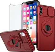Asuwish Phone Case for iPhone Xs Max with Slide Camera Cover Tempered Glass Screen Protector Stand Ring Holder Rugged Slim Cell i X XR Xsmax 10x SX Xmax 10xs 10s 10 Plus Xmaxs Women Girls Men Red