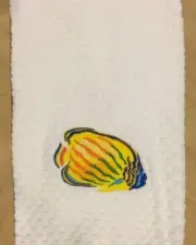 Embroidered Yellow Orange Blue Green Fish Ocean Beach White Kitchen Dish Towel