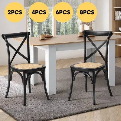 Oikiture Crossback Dining Chair Solid Birch Timber Wood Ratan Seat Black