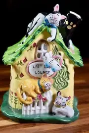 Blue Sky Clayworks “Lazy Cat Lounge” Tea Light Candle House 7.5” NWT