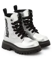 [Moschino Kids] Moschino Kids Logo glitter leather boots UK 11 silver