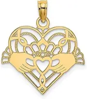 [JewelryWeb] 10k Solid Yellow Gold Polished and Beaded Irish Claddagh Celtic Trinity Knot In Love Heart Charm 20.5mm Long Pendant Necklace for Women