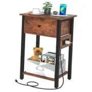 Nightstand with Charging Station, Side Table End Table with Large Drawer Brown