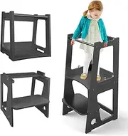 Kids Kitchen Step Stool, FHDUSRYO Wooden Children Standing Tower with Standing Platform and Safety Rail, Toddlers Learning Helper Stool for Kitchen Counter Bathroom (Black)