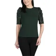Hilary Radley Women's Sequin Short Sleeve Puff Shoulder Top, Green Size XXL