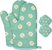 AUAUY Oven Mitts and Potholders, BBQ Gloves Heat Resistant, 1 Pair Oven Mitts and 2 Pot Holders, Cotton Non-Slip Cooking Gloves for Cooking Baking Kitchen Microwave Pizza(Daisy-Green)