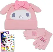 [Sanrio] My Melody Hat and Mittens Set Winter Gear Bundle with My Melody Beanie, Mittens, Stickers, More | My Melody Gifts for Girls, Kids, Multicolor