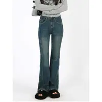 在飛比找ETMall東森購物網優惠-高腰復古側縫拼接韓版牛仔長褲