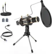Condenser Mic W/Stand, Sound Card, Echo for PC Phone Karaoke Gold