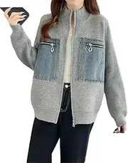 [Generic] Denim Pockets Patchwork Sweater Coat Women's Stand Collar Zipper Design Cardigan Clothing