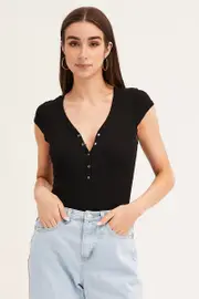 Black Bodysuit Snap Button Short Sleeve Rib - Size S, Women's Bodysuit