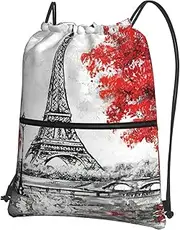 EdWal Paris Print Drawstring Backpack Gym Bags Sports Bags With Zipper Pocket For Travel Beach, Black, One Size